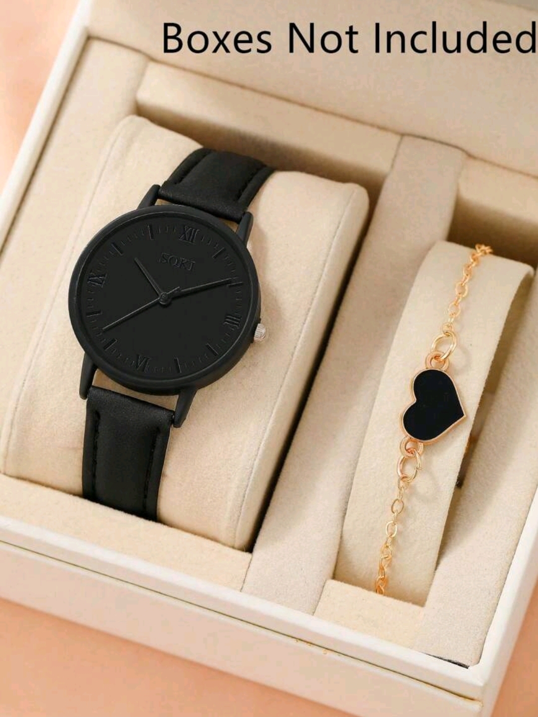 RELOJ CUARZO NEGRO CON PULSERA DE CORAZON NEGRO R12